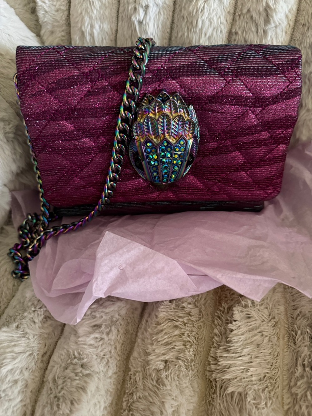 Quilted Sparkle Purple Evening Crossbody Bag with Iridescent Gem Clasp